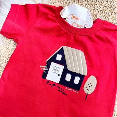 Conj. Camiseta "Where is my Buddy?" e Bermuda em Linho - Vermelho